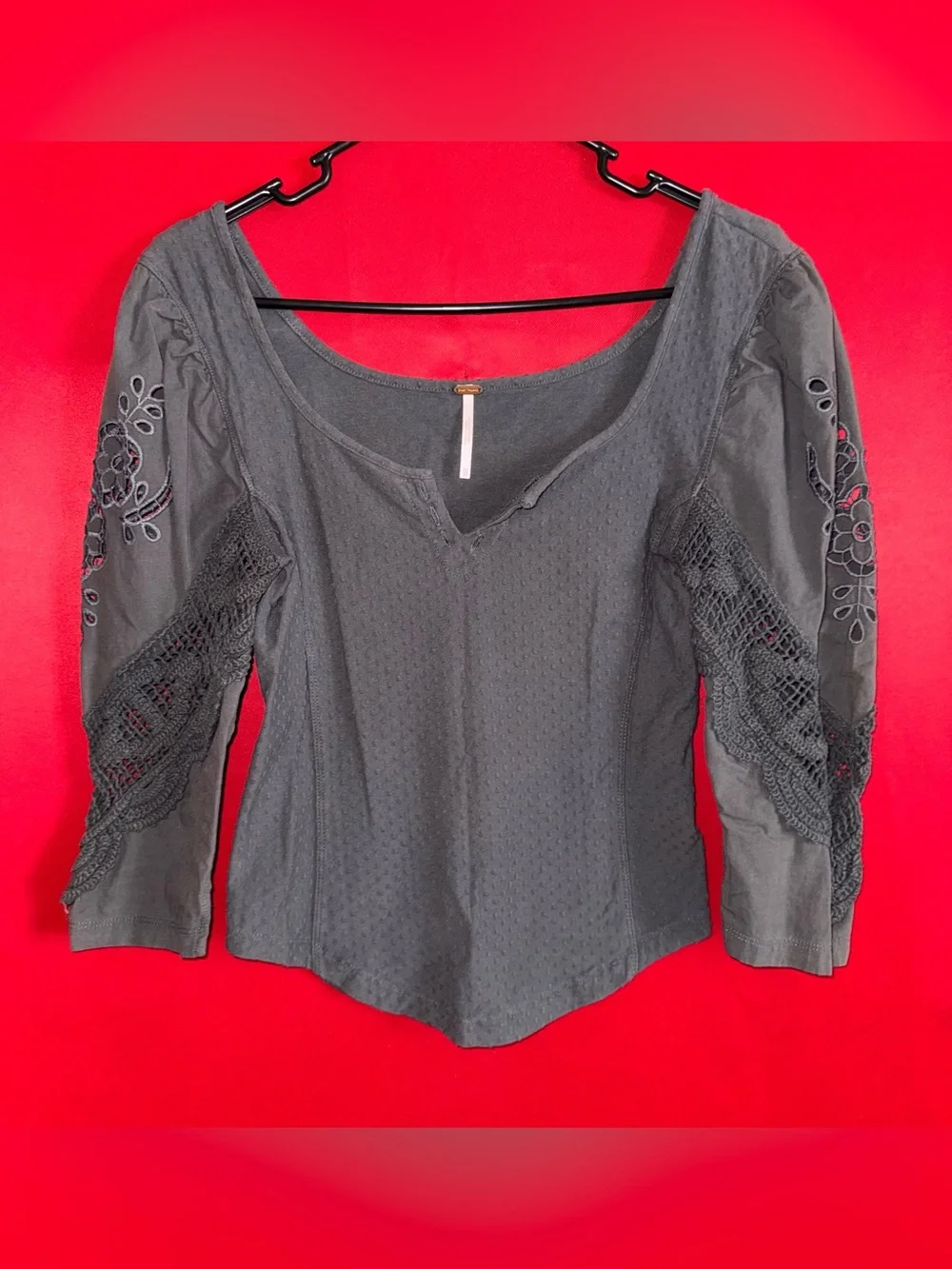 🔥#458-Free People Charcoal Crochet-Detail Scoop Neck Blouse  Sz.XS